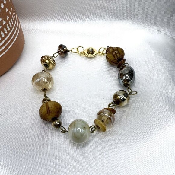 Reimagined Jewelry - Reimagined Tan Iridescent Glass Wood Bead Bracelet